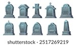 Stone tombstones. Ancient halloween cemetery gravestones and grave crosses, cartoon crypts, memorials with rip signatures, spooky mystery monument, funeral tidy vector isolated mausoleum set