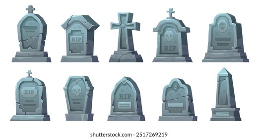 Stone tombstones. Ancient halloween cemetery gravestones and grave crosses, cartoon crypts, memorials with rip signatures, spooky mystery monument, funeral tidy vector isolated mausoleum set