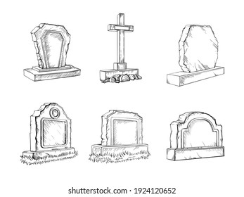 Stone tombstones sketch set gravestone illustration, drawing, engraving, ink, line art, vector