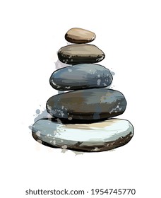 Stone Tower, Balanced pyramid stone from a splash of watercolor, colored drawing, realistic. Vector illustration of paints