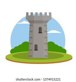 Stone tower. Medieval military house. European architecture. Old fortress. The reliability and safety of a knight and a king. Cartoon flat illustration. Green summer landscape and nature