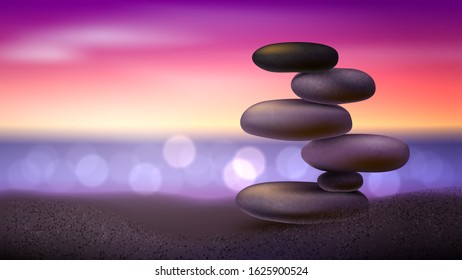 Stone tower on a sandy sunset beach and sea. Harmony and balance