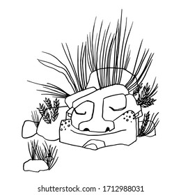 Stone troll black and white drawing. Cute troll smiling, his head is overgrown with grass. Vector illustration of a fantasy creature in natural landscape.