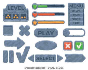 Stone ui frames and buttons. Medieval rpg elements, rock texture boards, progress bar and plaques, game design template, signboard and arrows, cartoon flat isolated nowaday vector set