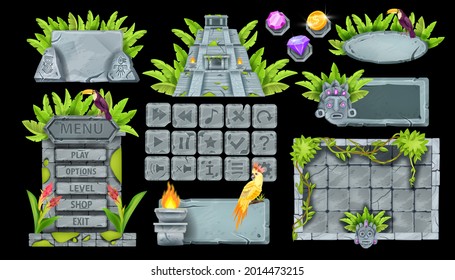 Stone UI game element set, tropical rock button kit, vector menu background, Aztec pyramid, liana, toucan. Mexican jungle sign board, user interface level frame, ancient maya ruin. Stone game assets