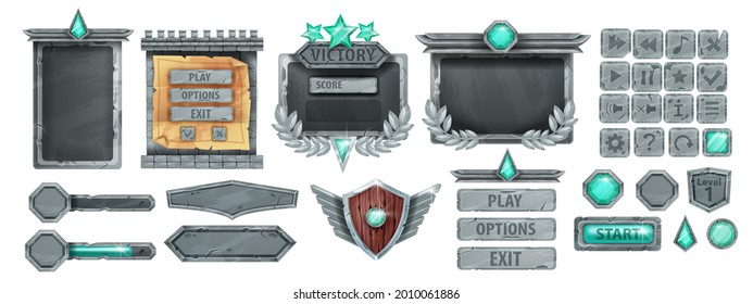 Stone UI Game Frame, Ancient Rock Button, Gray Boulder Sign Board Panel, Menu Concept, Victory Badge. Medieval User Interface RPG Fantasy Asset Element, Wooden Shield, Green Crystal. Stone Game Kit