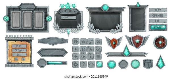 Juego de juegos de interfaz de usuario de piedra, kit de marco vectorial de interfaz de roca, botones de baldosas de roca gris, escudo de ganadores medieval. Gema mágica, medalla de cristal, insignia de victoria, panel de menú de ventana, tablero de signos. Activos de caza de piedra