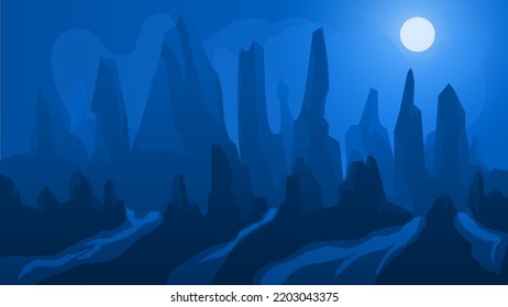 Stone valley landscape vector. High stone canyon background. Night stone valley illustration wallpaper 