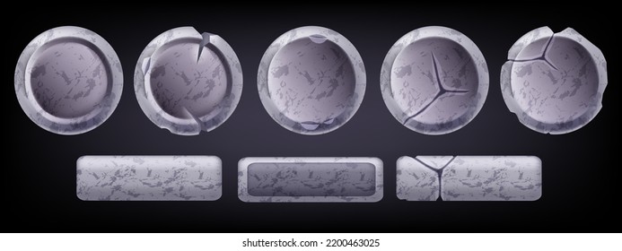 Stone vector button set, RPG UI rock frame game asset, cracked round granite texture icon kit. Medieval isolated circle oblong border, GUI nature material object panel. Interface stone button blocks