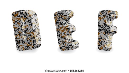 Stone vector font. A big standing letters D, E, F with stone texture  isolated on the white background. eps 10.