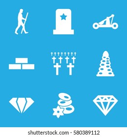 stone vector icons. Set of 9 stone filled icons such as brick wall, tunnel, gem, spa stones, Diamond, caveman, catapult, headstone