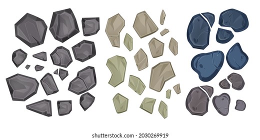 Stone vector illustration set, rock cartoon top view icon, gray rubble, cracked boulder clipart on white. Map mountain surface, nature granite blocks, decoration material elements. Stone top objects