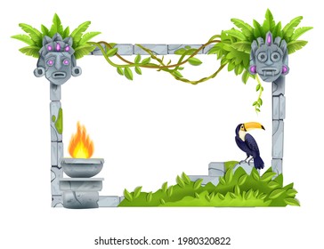 Stone vector jungle frame, old ancient rock ruin wall, game UI design isolated on white, toucan, tiki mask. Square granite Aztec border, maya warrior face, fire, bush, liana. Architecture stone frame