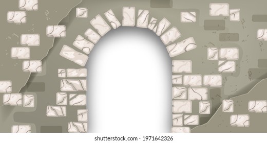 Stone vector medieval arch, vintage brick wall, cracked portal castle texture, ancient architecture background. House decorated entrance, wine basement vault. Stone arch, cellar frame illustration