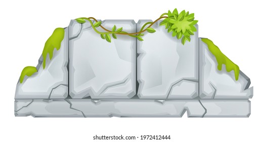 Stone vector sign board, vector cartoon cracked rock panel, moss, vine, green leaf isolated on white. Game environment object, old broken boulder, jungle square plate. Stone sign surface, dashboard