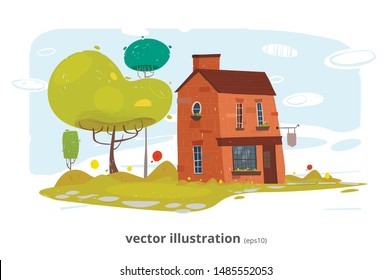 Stone Village Brick Farm House in Forest or Countryside. Suburban Home. Cute Cottage or Villa. Sky with Clouds, Green Trees, Spruces on Field. Natural Eco Friendly Landscape. Vector EPS10 Illustration