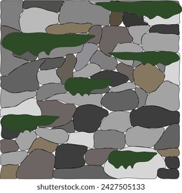 Stone wall with all shapes rocks with moss, forest style