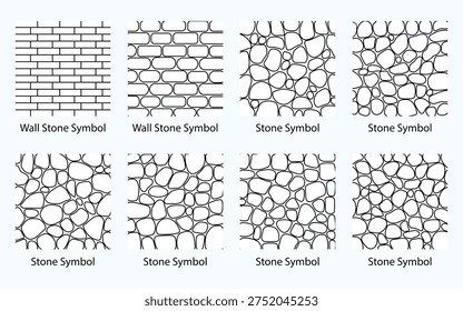 Stone wall and brick wall texture symbol vector set with different rock pattern icons for construction and architecture design