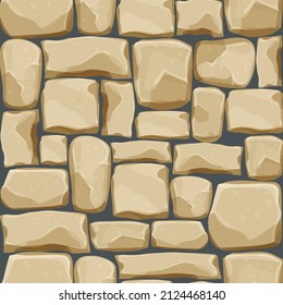 Stone wall from bricks, rock, game background in cartoon style, seamless textured surface. Ui game asset, road or floor material