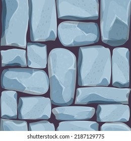 Stone Wall From Bricks, Rock, Game Background In Cartoon Style, Seamless Textured Surface. Ui Game Asset, Road Or Floor Material