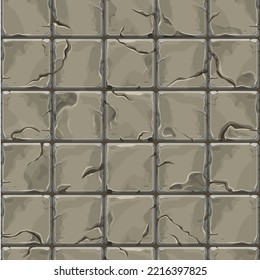 Stone wall from bricks, rock, game background in cartoon style, seamless textured surface. Ui game asset, road or floor material