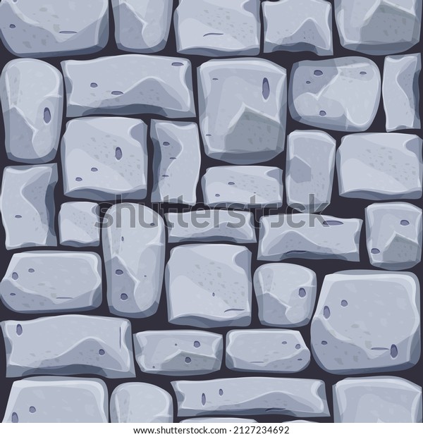 Stone wall from bricks, rock, game background in\
cartoon style, seamless textured surface. Ui game asset, road or\
floor material