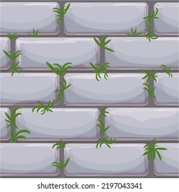 Stone wall from bricks, rock wall with grass game background in cartoon style, seamless textured surface. Ui game asset, road or floor material