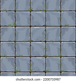 Stone wall from bricks, rock wall with grass game background in cartoon style, seamless textured surface. Ui game asset, road or floor material