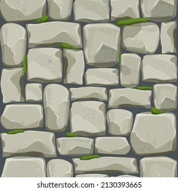 Stone wall from bricks, rock with old moss, game background in cartoon style, seamless textured surface. Ui game asset, road or floor material