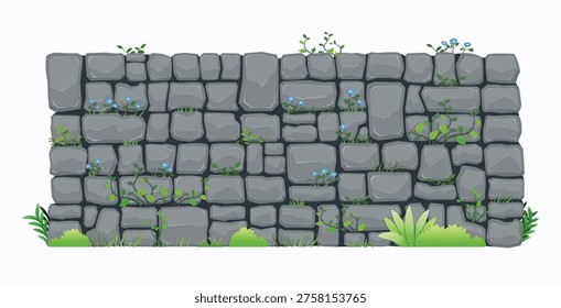 A stone wall with flowers and grass growing on a white background.