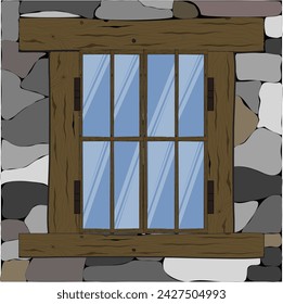 Stone wall with glass window, with wooden frame