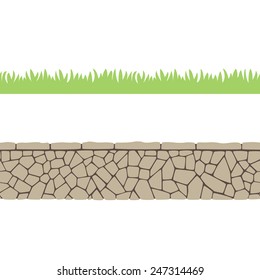 Stone wall, grass, endless strip. Vector illustration.