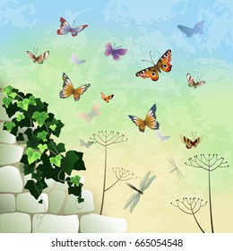 Stone wall with ivy and butterflies.
Vector background. Colorful butterflies on an abstract background. Illustration, EPS-10.