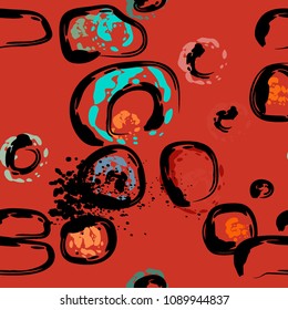 Stone wall pattern. Circle dabs, smear smudges and stains. Splash brush strokes daubs, watercolor blots and blotches. Abstract vector brush hand drawn background.