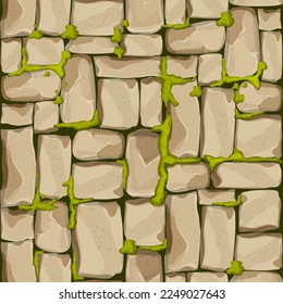 Stone wall, pavement from bricks, rocks with moss , game background in cartoon style, seamless textured surface. Ui game asset, road or floor material