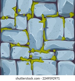Stone wall, pavement from bricks, rocks with moss , game background in cartoon style, seamless textured surface. Ui game asset, road or floor material