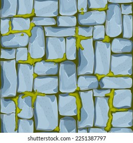 Mur en pierre, trottoir en briques, rochers avec mousse, arrière-plan jeu en dessins animés, surface texturée harmonieuse. Matériel de jeu, de route ou de plancher