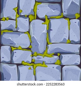 Muro de piedra, pavimento de ladrillos, rocas con musgo , fondo de juego en estilo de dibujos animados, superficie texturada sin fisuras. Material de ui para juegos, carreteras o suelos