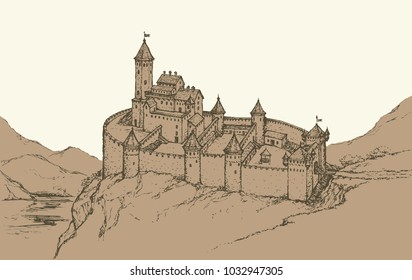 Stone wall Romanesque Fort and dungeon jail on rock hill. Fairy tale freehand ink drawn background sketch in art archaic style pen on paper. Plan structure top view with space for text on evening sky