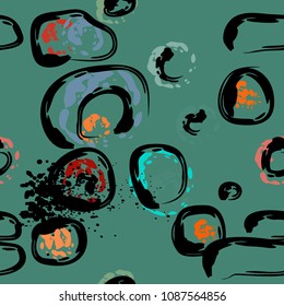 Stone wall. Seamless pattern. Endless repeating circle dabs, smear smudges and stains. Splash brush strokes daubs, watercolor blots and blotches. Abstract vector brush hand drawn seamless background.