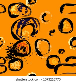 Stone wall. Seamless pattern. Endless repeating circle dabs, smear smudges and stains. Splash brush strokes daubs, watercolor blots and blotches. Abstract vector brush hand drawn seamless background.