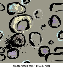 Stone wall. Seamless pattern. Endless repeating circle dabs, smear smudges and stains. Splash brush strokes daubs, watercolor blots and blotches. Abstract vector brush hand drawn seamless background.