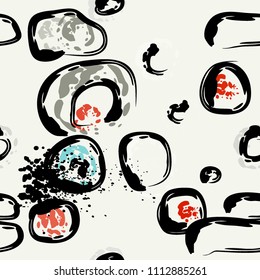Stone wall. Seamless pattern. Endless repeating circle dabs, smear smudges and stains. Splash brush strokes daubs, watercolor blots and blotches. Abstract vector brush hand drawn seamless background.