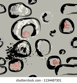 Stone wall. Seamless pattern. Endless repeating circle dabs, smear smudges and stains. Splash brush strokes daubs, watercolor blots and blotches. Abstract vector brush hand drawn seamless background.