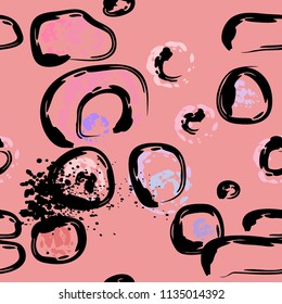 Stone wall. Seamless pattern. Endless repeating circle dabs, smear smudges and stains. Splash brush strokes daubs, watercolor blots and blotches. Abstract vector brush hand drawn seamless background.