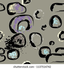 Stone wall. Seamless pattern. Endless repeating circle dabs, smear smudges and stains. Splash brush strokes daubs, watercolor blots and blotches. Abstract vector brush hand drawn seamless background.