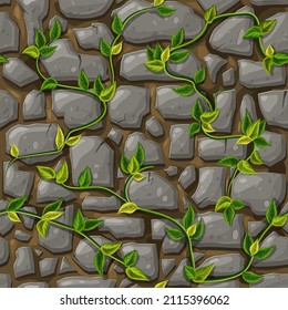 stone wall seamless pattern with green leaves and liana brunches. vector cartoon gray masonry texture with creeper plant. rocks wall, or boulders land surface background with tropical or jungle plants