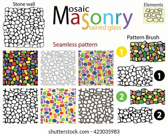 Stone wall. Set of seamless patterns and brushes in the form of stone masonry. Mosaics and stained glass Windows. Plus doodles elements from which it is made.