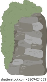 Stone wall stacked with rough rocks covered by trailing ivy, hand drawn detail and texture. Symbol of strength, endurance, and nature reclaiming masonry. Cartoon vector illustration.