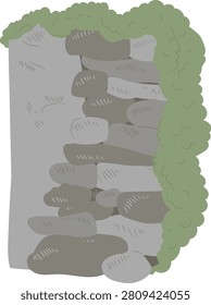 Stone wall stacked with rough rocks, aged texture, and trailing moss on one side in a hand drawn style. Symbol of stability, nature reclaiming, endurance, rustic decay. Cartoon vector illustration.